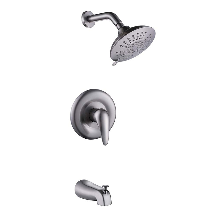 Brushed nickel shower system with tub spout and control valve