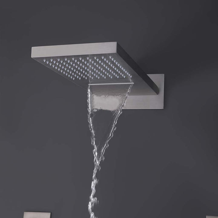Brushed nickel square rainfall shower head with waterfall flow feature