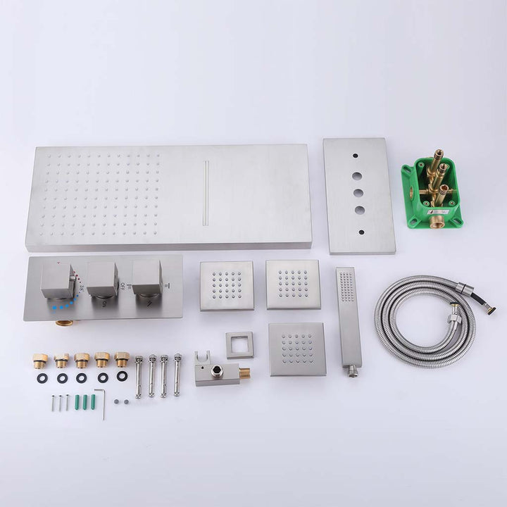 Brushed nickel square shower system complete parts set with body jets