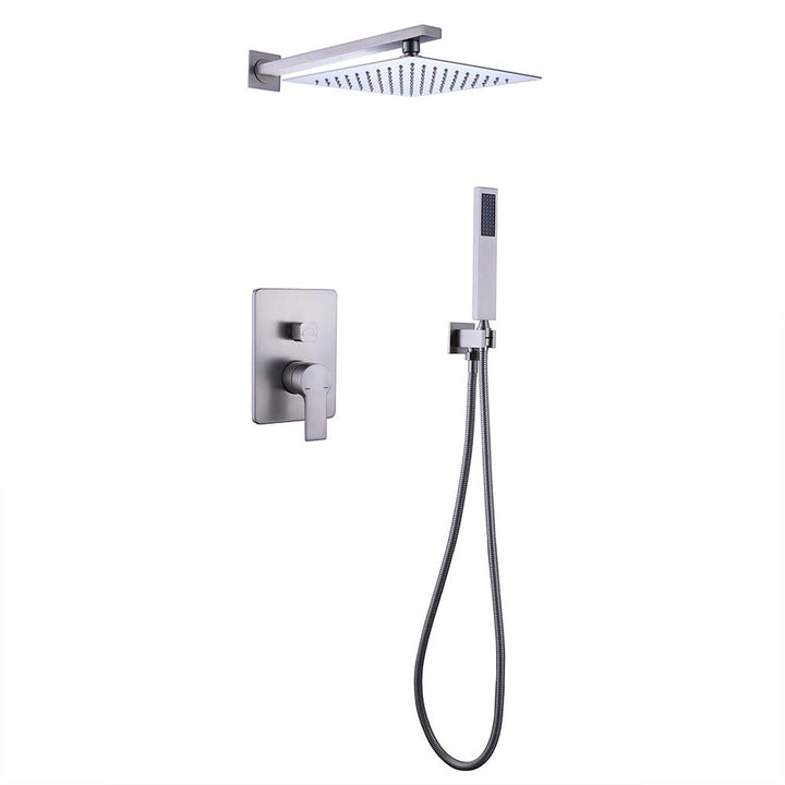 Brushed nickel square shower system with rain head and handheld spray