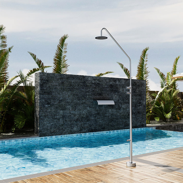 Brushed nickel stainless-steel outdoor shower poolside