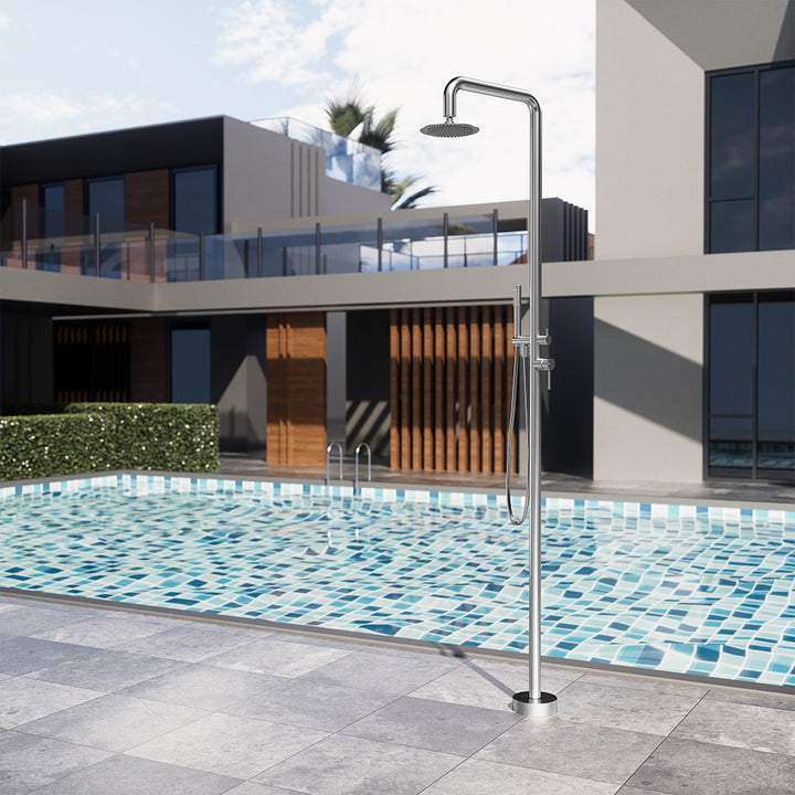 Brushed stainless-steel outdoor shower with handheld poolside