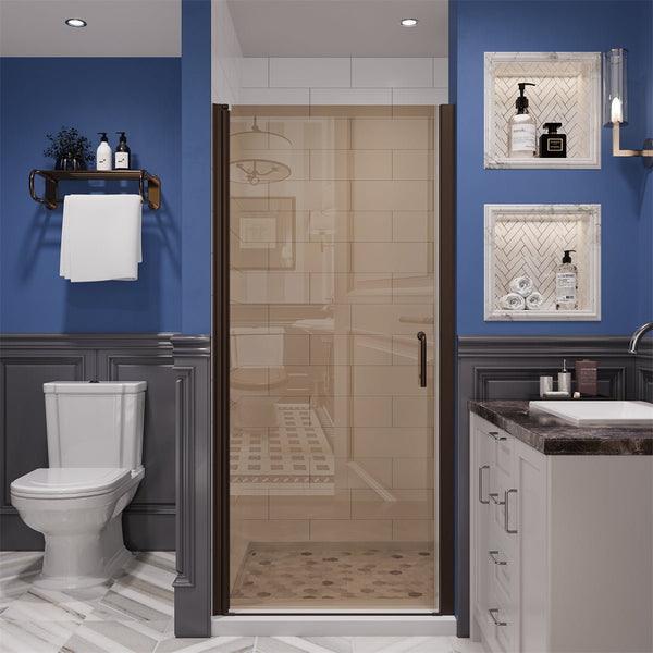 Chic 34-35.5" x 72" Pivot Frameless Shower Door,Tempered Clear Glass,Amber Color,Bronze Finish