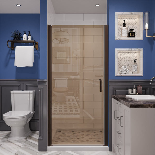 Chic 36-37.5" x 72" Pivot Frameless Shower Door,Tempered Clear Glass,Amber Color,Bronze Finish