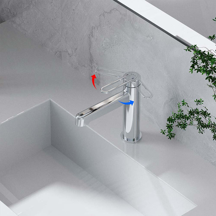 Chrome faucet showing hot and cold water handle direction