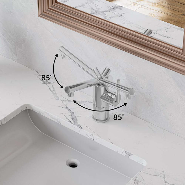 Chrome faucet with 85-degree swivel spout rotation angle shown