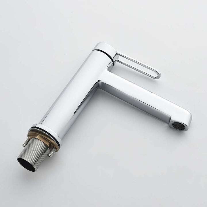 Top view of chrome bathroom faucet on white background
