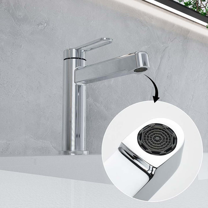 Chrome faucet with close-up of built-in aerator nozzle