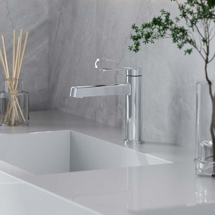 Chrome faucet showing handle lift direction for water control