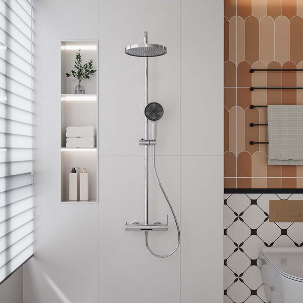 Chrome shower system front view with rainfall and handheld showerhead
