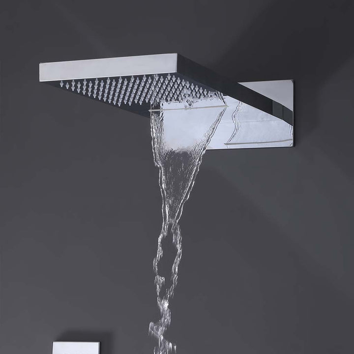 Chrome shower system square rainfall head with waterfall flow feature