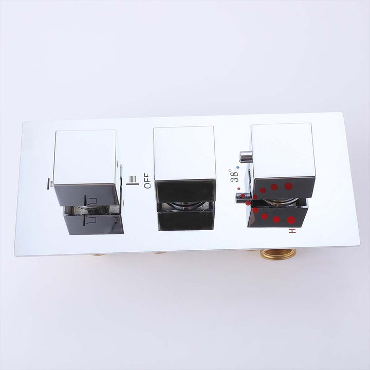 Chrome shower system thermostatic control valve with triple square knobs
