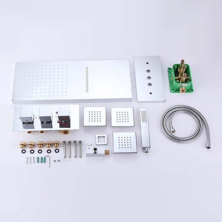 Chrome square shower system complete parts set with body jets and hose