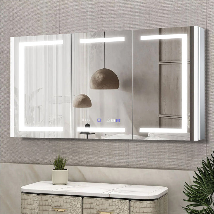 Modern backlit bathroom mirror cabinet with minimalistic design and decorative elements.
