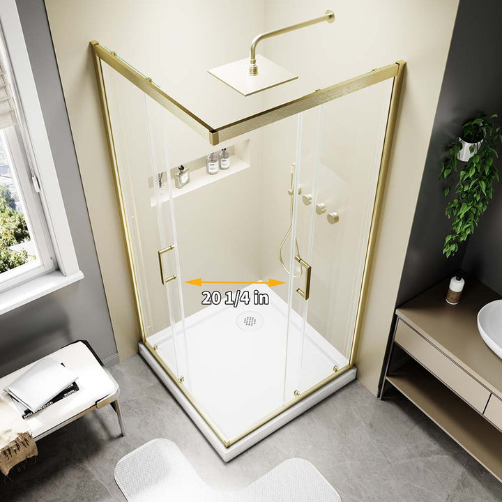 Corner shower door with 20 1/4 inch access width opening shown