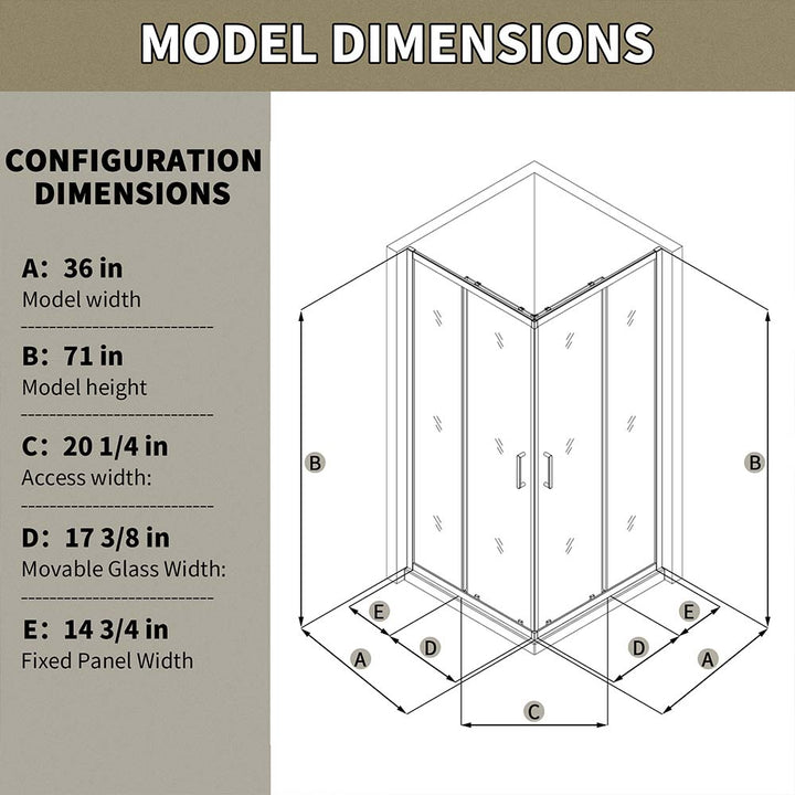 36x71 inch corner shower door dimension diagram with specs