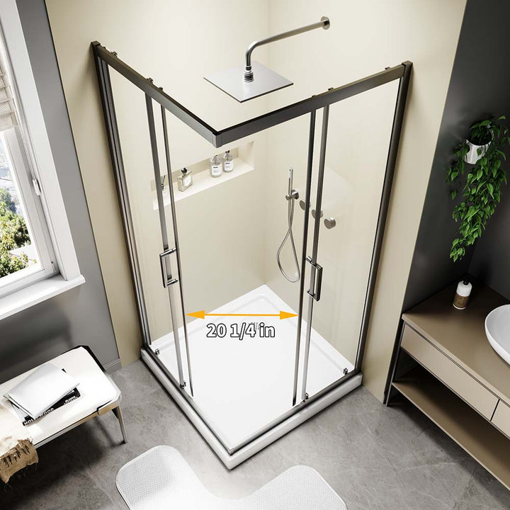 Black corner shower doors with 20 inch walk-in entry width