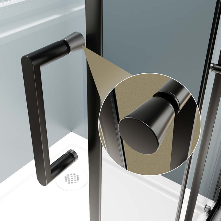 Black corner shower doors stainless steel handle detail closeup