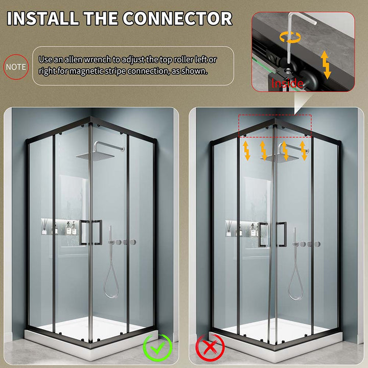 Black corner shower doors with connector installation guide