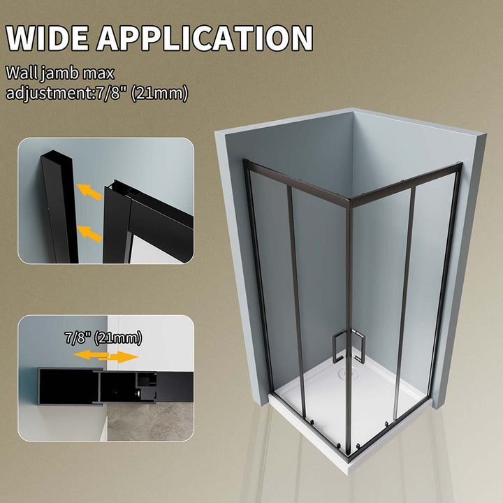 Black corner shower doors with 7/8 inch wall jamb adjustment