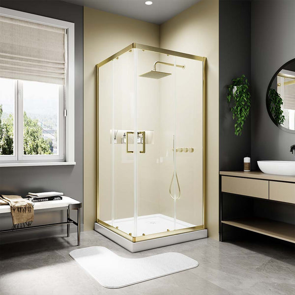 Gold corner shower doors with tempered glass in modern bathroom