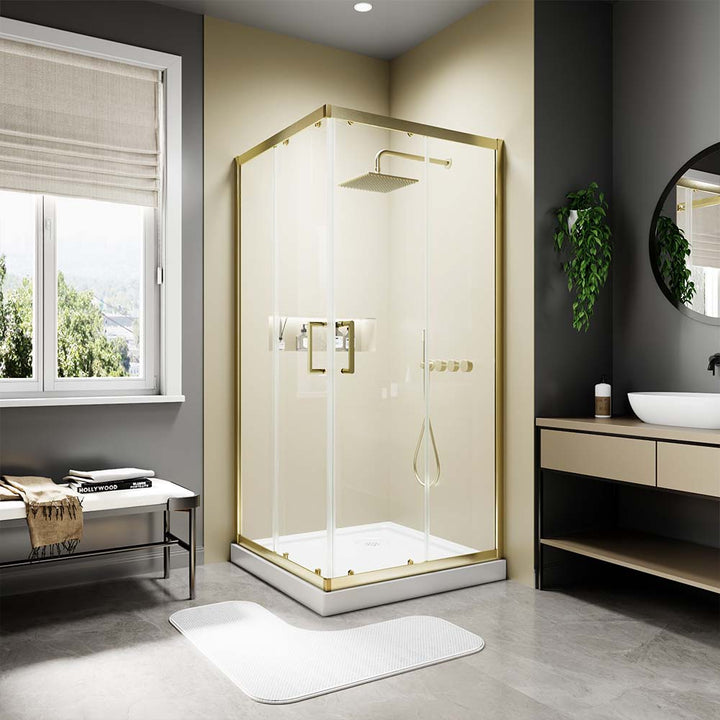 Gold corner shower doors with tempered glass in modern bathroom