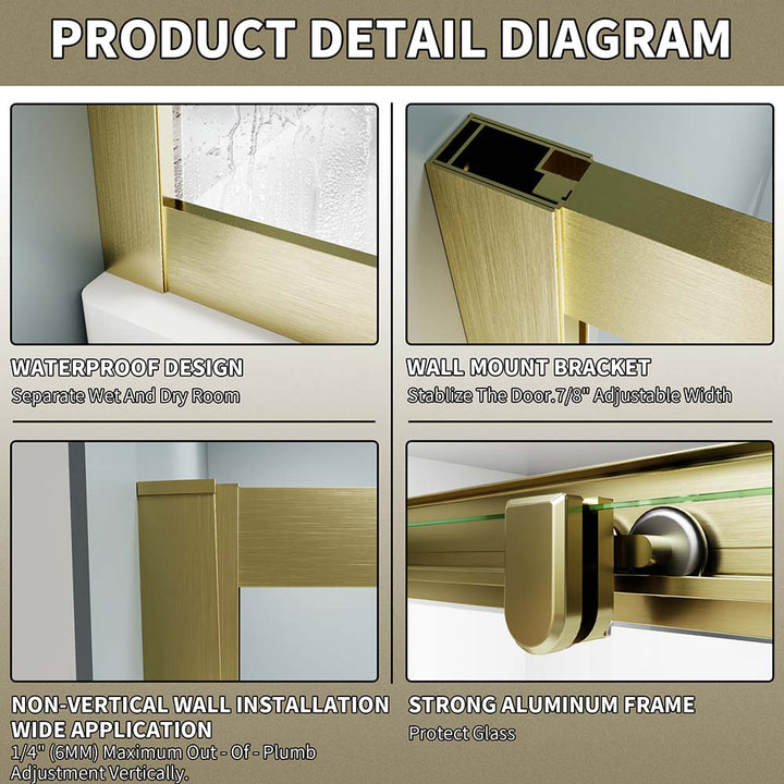 Gold corner shower doors with waterproof design and aluminum frame
