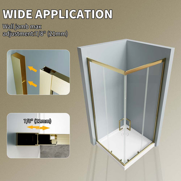 Gold corner shower doors with 7-8 inch wall jamb adjustment