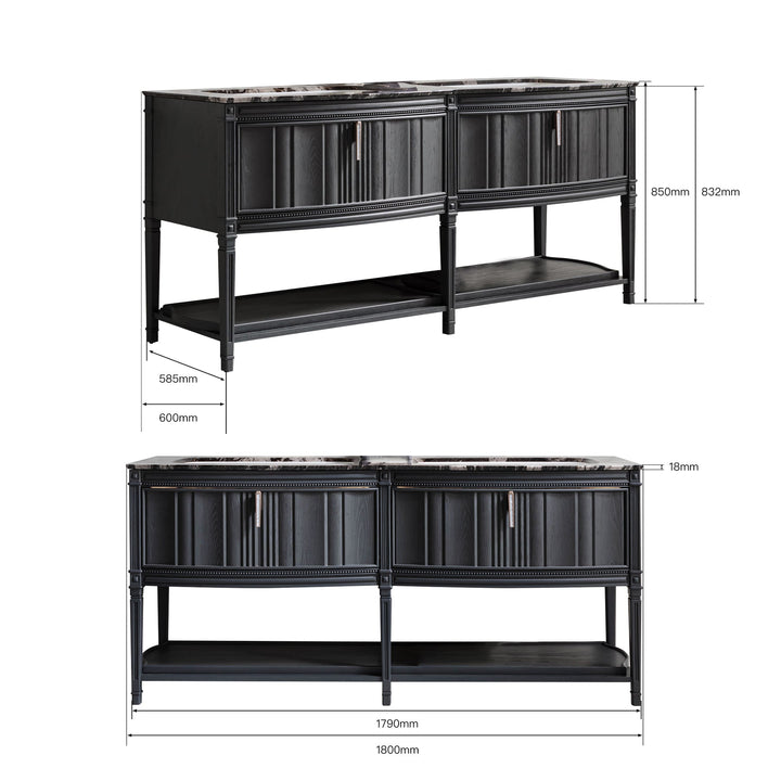 Custom black double sink bathroom vanity with detailed dimensions