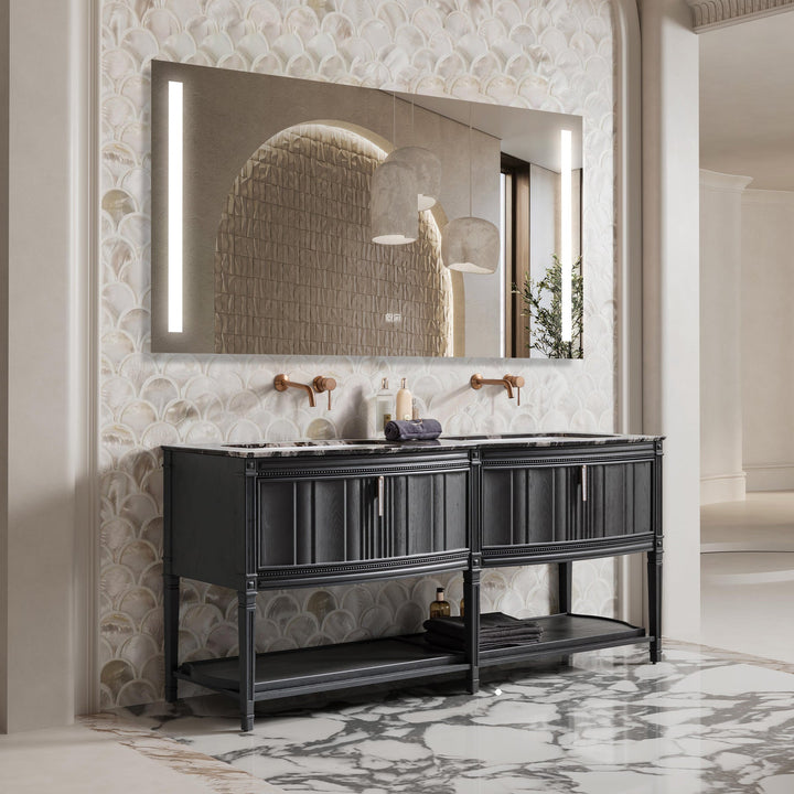 Custom black double sink bathroom vanity with LED mirror setup