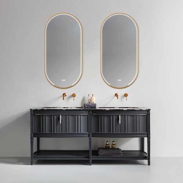 Custom black double sink bathroom vanity with marble countertop