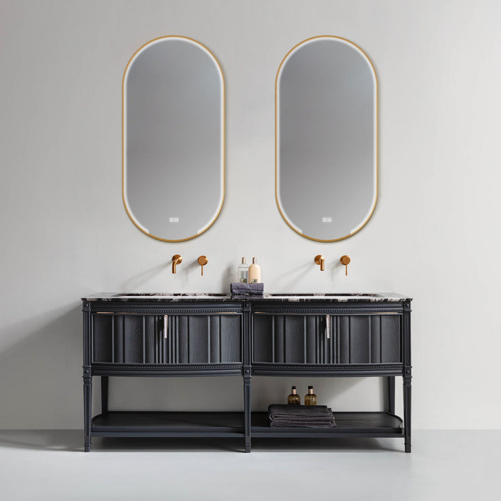 Custom black double sink bathroom vanity with marble countertop