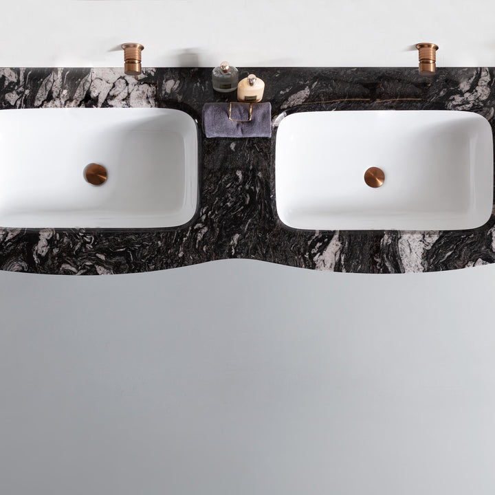 Custom black marble double sink vanity countertop top view