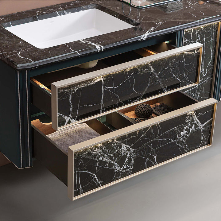 Custom black marble bathroom vanity drawer storage design
