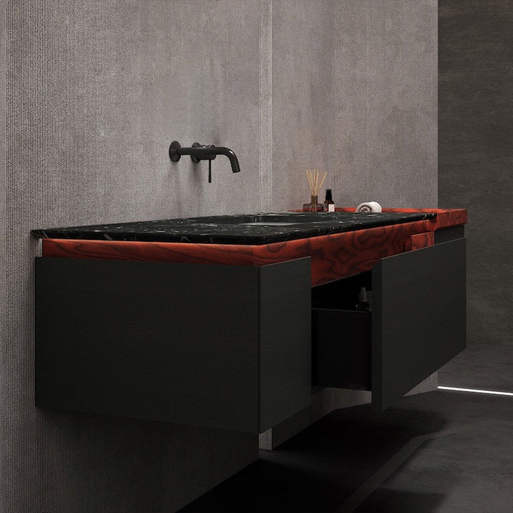 Custom bathroom vanity with black marble top and red wood floating design