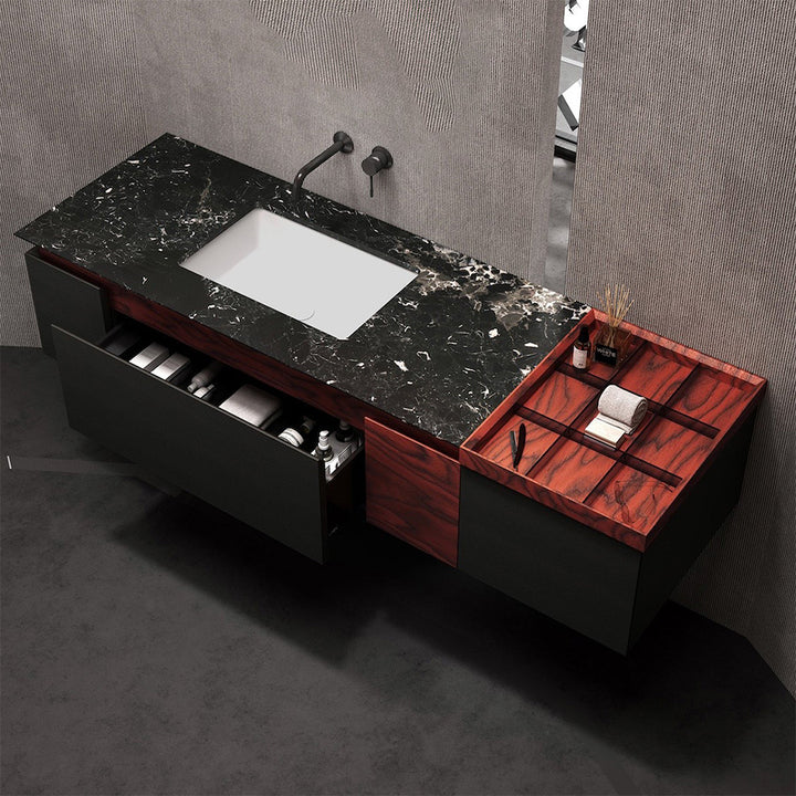 Custom bathroom vanity with black marble top and red wood drawers