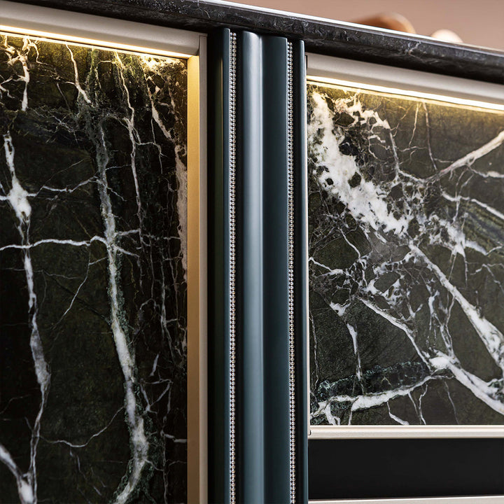 Close-up detail of custom black marble bathroom vanity texture