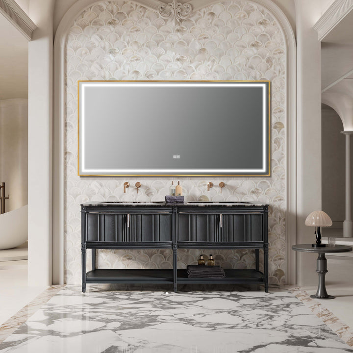 Custom black marble top bathroom vanity with large LED mirror