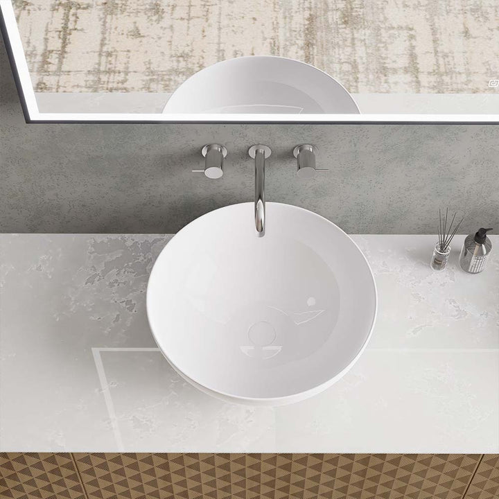 Top view of bowl sink and marble countertop on custom bathroom vanity