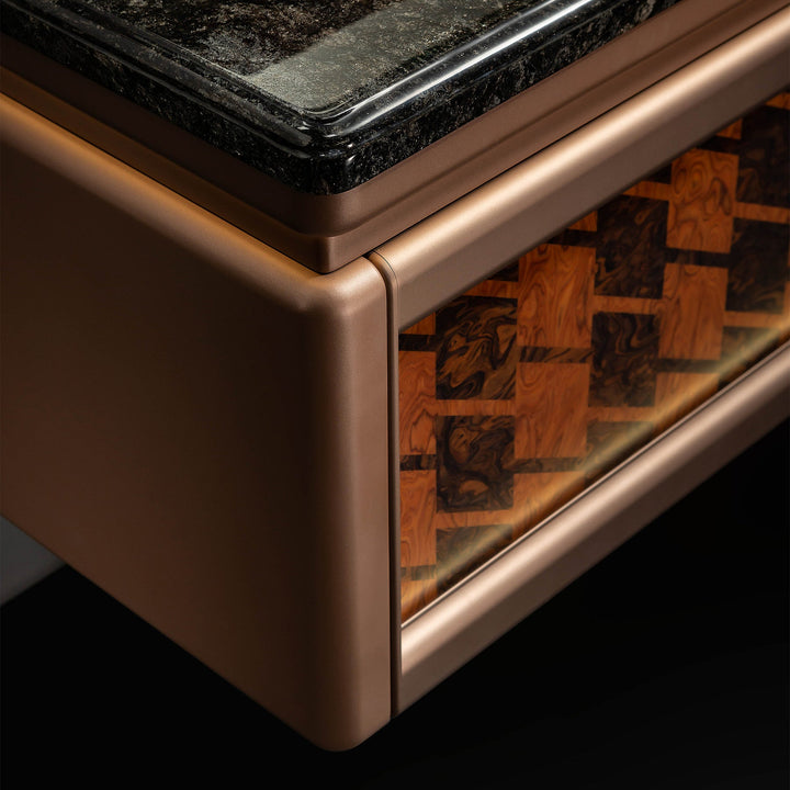 Custom bathroom vanity corner with marble top and wood finish detail
