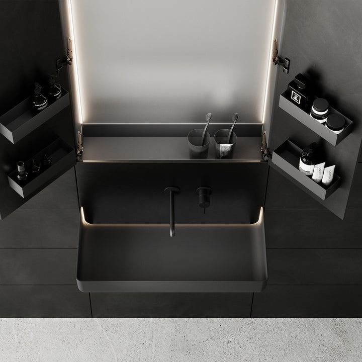 Top view of dark gray custom bathroom vanity with LED mirror cabinet detail