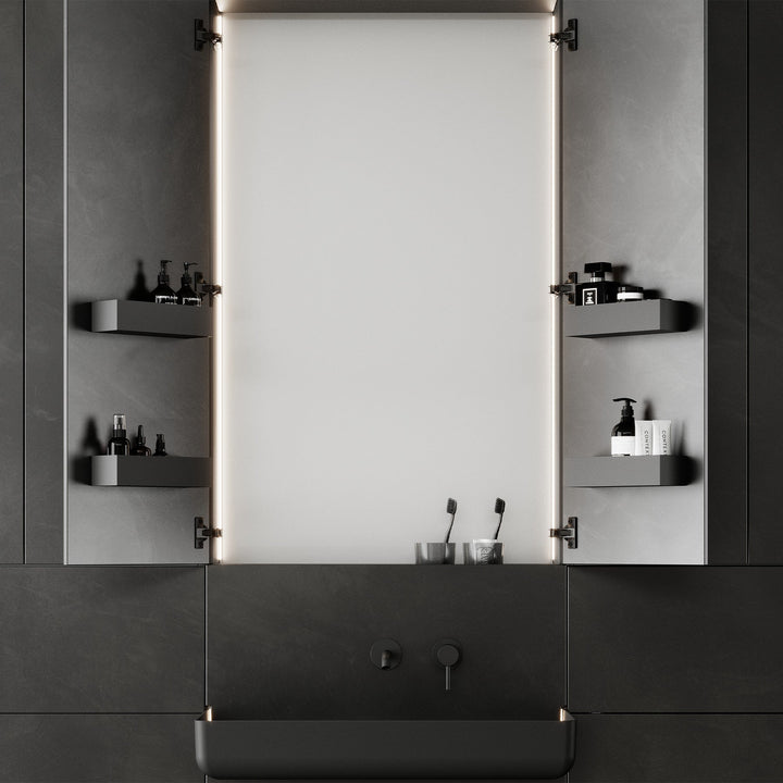 Modern dark gray custom bathroom vanity with wall mounted LED mirror cabinet