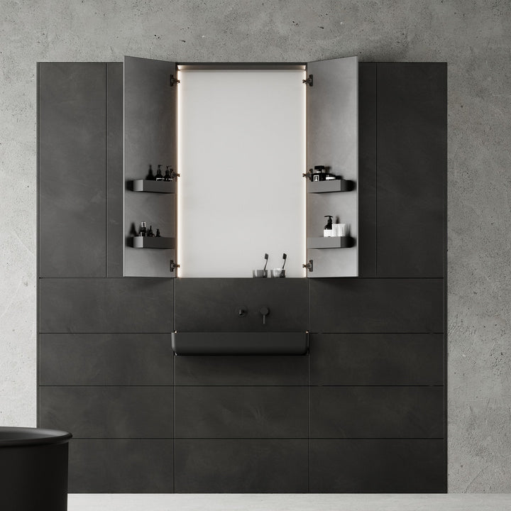 Front view of dark gray custom bathroom vanity with LED mirror cabinet open