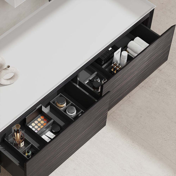 Detail of dark wood custom bathroom vanity drawer organizer