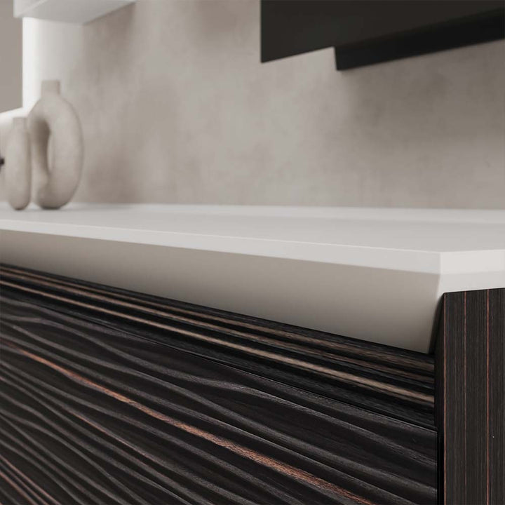 Closeup of dark wood custom bathroom vanity edge detail