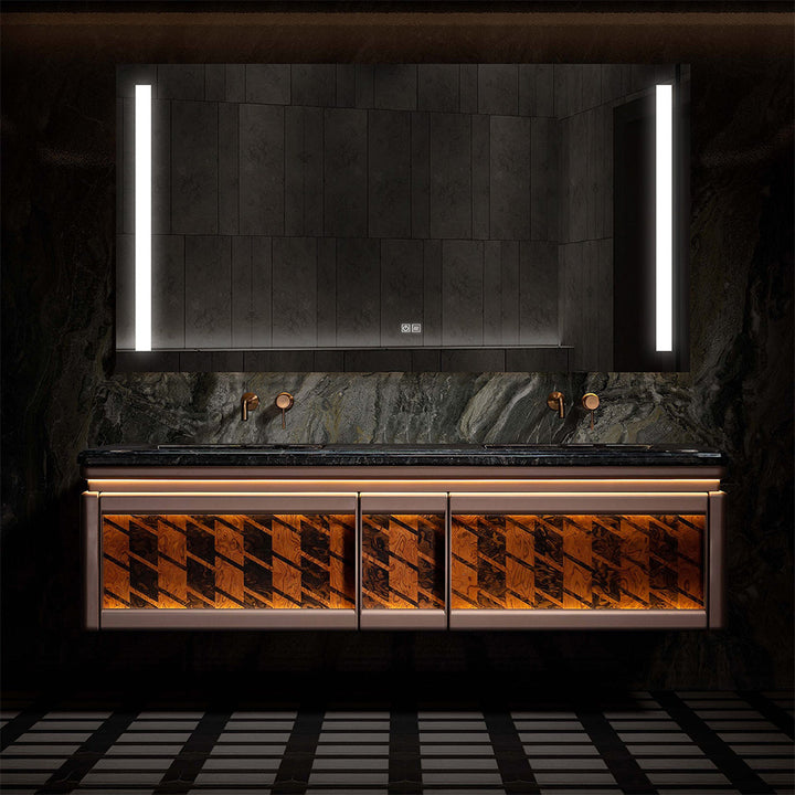Custom bathroom vanity in dark wood with LED mirror luxury design