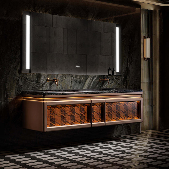 Custom wall mounted dark wood bathroom vanity with LED mirror