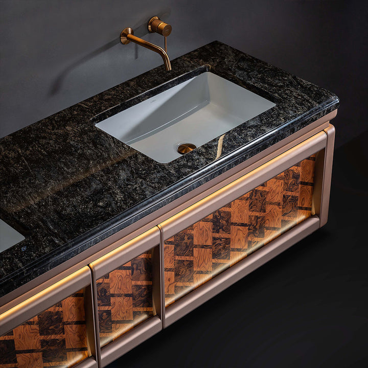 Custom bathroom vanity with dark wood and marble countertop detail