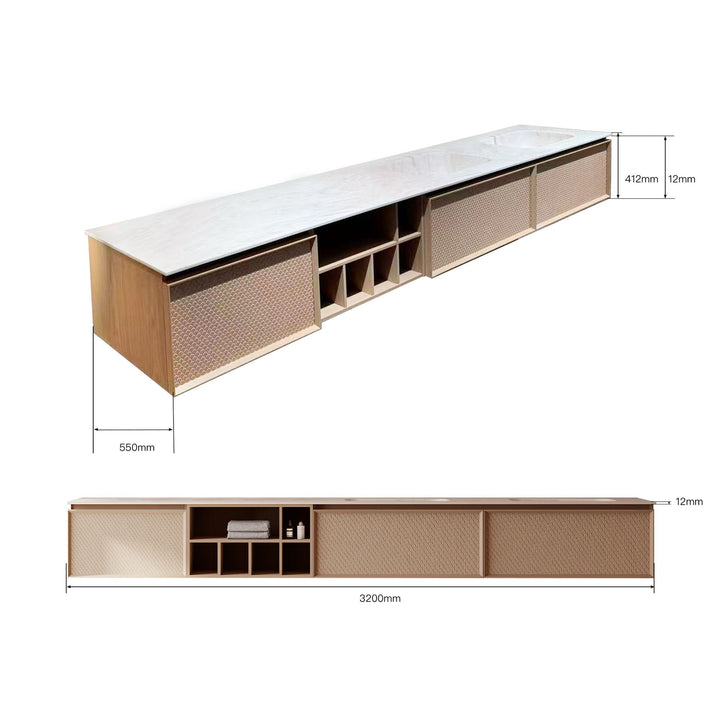 Custom bathroom vanity dimension diagram showing full size and depth
