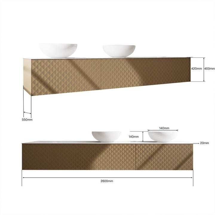 Custom bathroom vanity dimensions 2600mm double sink in gold finish